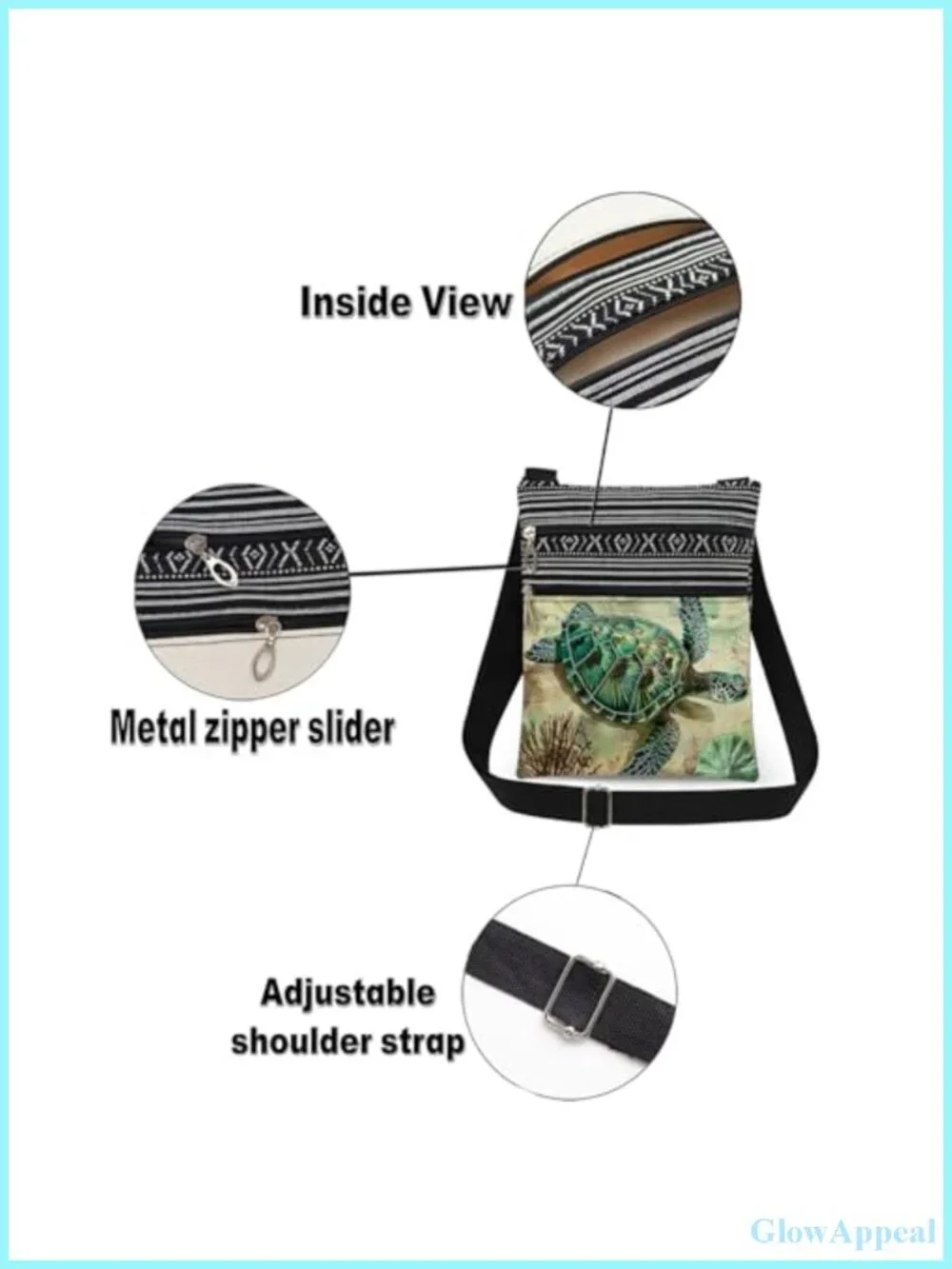 Turtle Crossbody Bag Polyester Sling Adjustable Strap Double Zipper